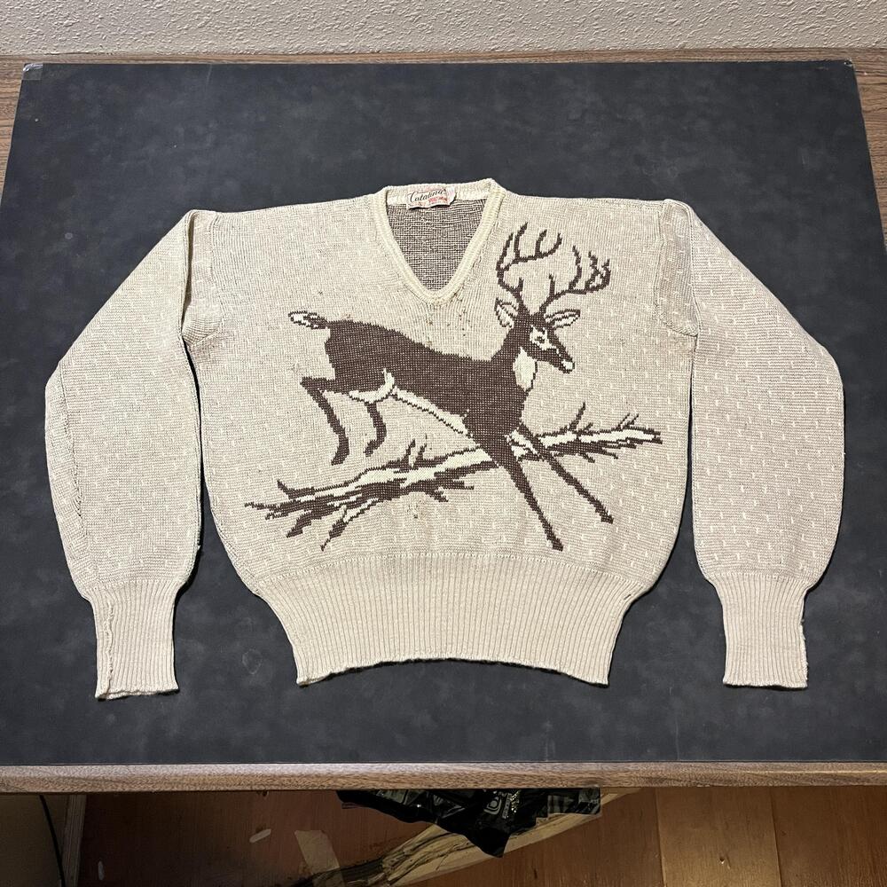 Vintage Catalina Hollywood 1930s Cowichan Sweater Large Wool Deer Hunting 50s